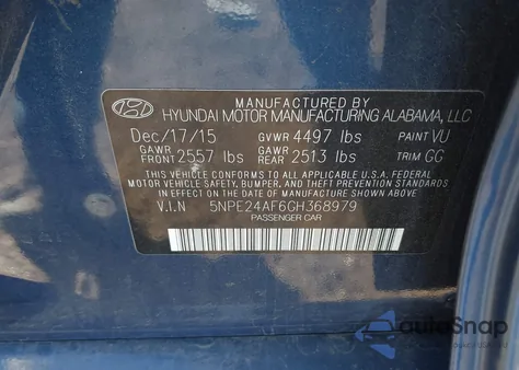 2016 Hyundai Sonata Se из США, поврежденный, VIN 5NPE24AF6GH368979